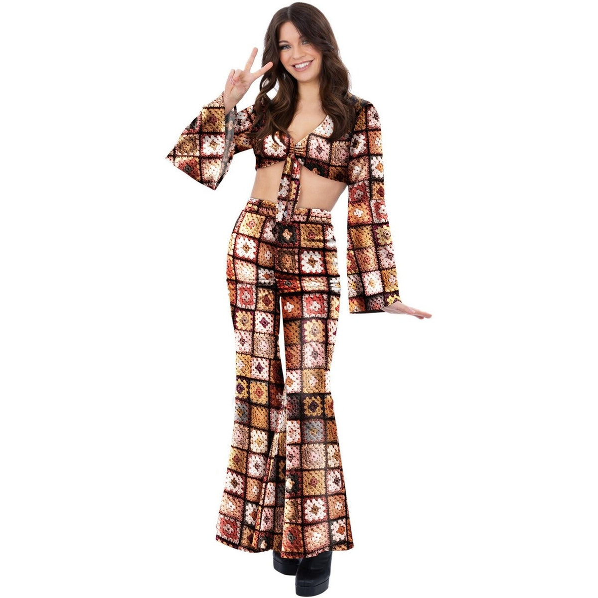 Op deze afbeelding zie je een Kostuums, van het merk Smiffy's. Typisch Gehaakt Patroon 60s Vintage Hippie Vrouw Kostuum