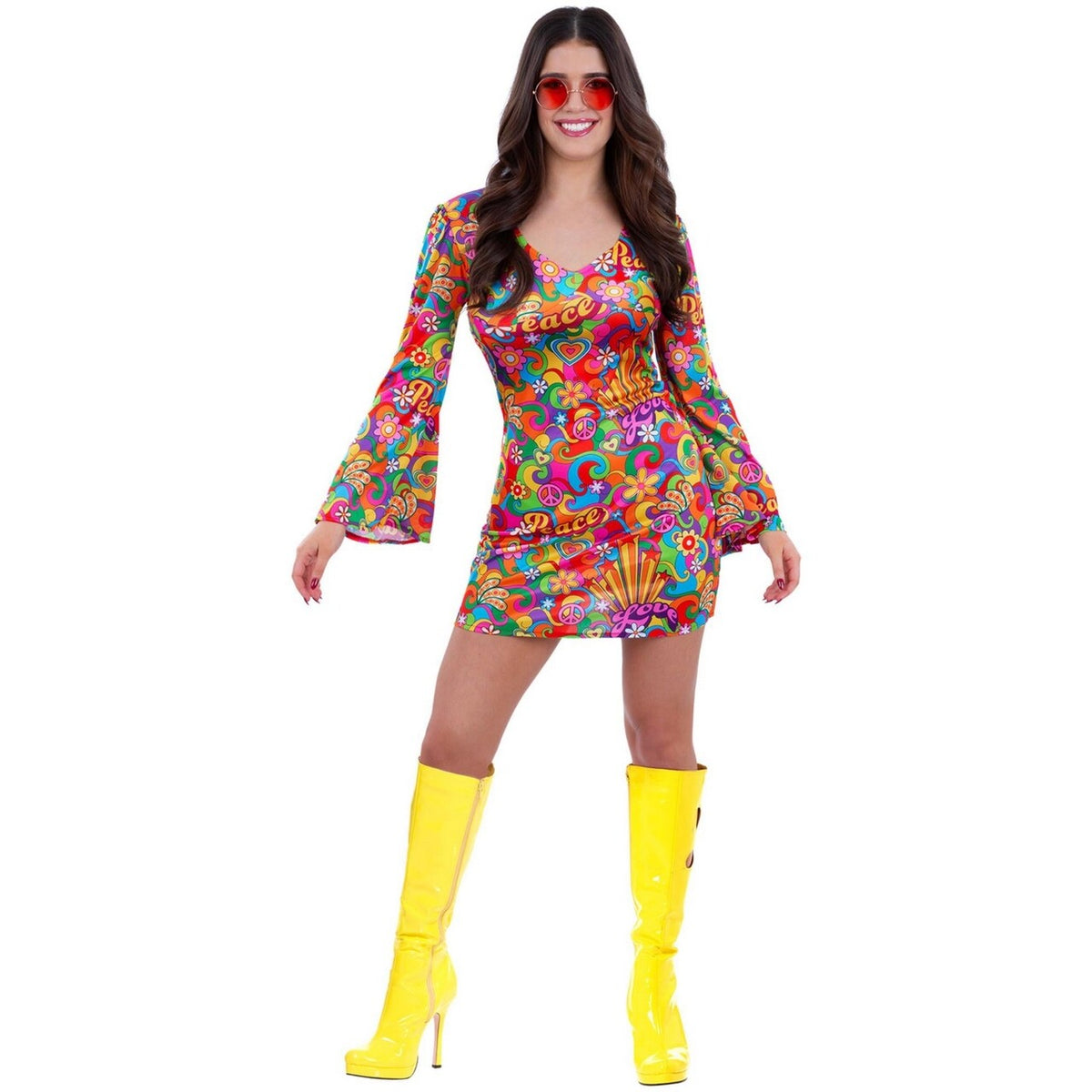 Op deze afbeelding zie je een Kostuums, van het merk Smiffy's. 60s Rainbow Peace And Love Hippie Summer Vrouw Kostuum