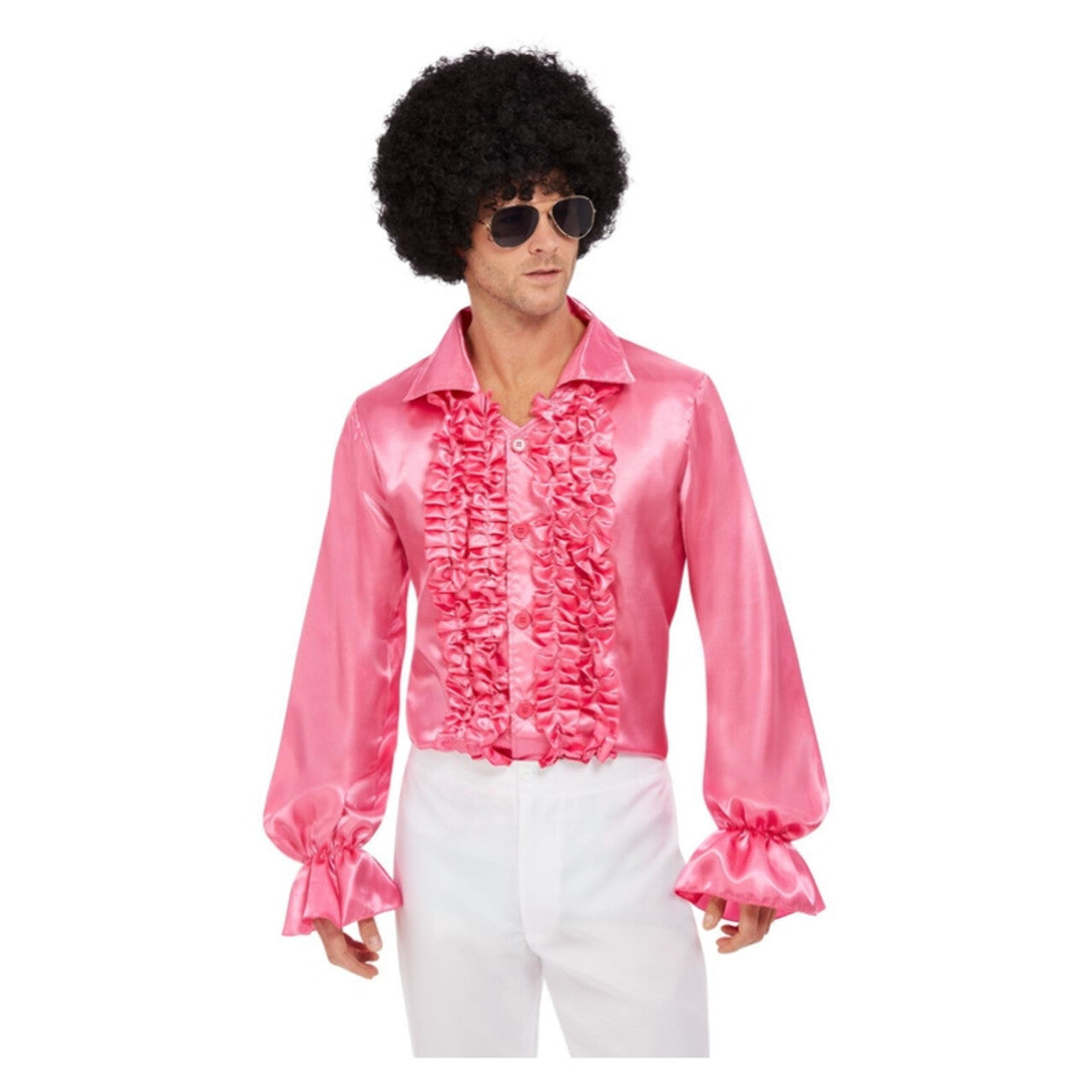 Op deze afbeelding zie je een Kostuums, van het merk Smiffy's. Roze 60s Rouches Hemd Man
