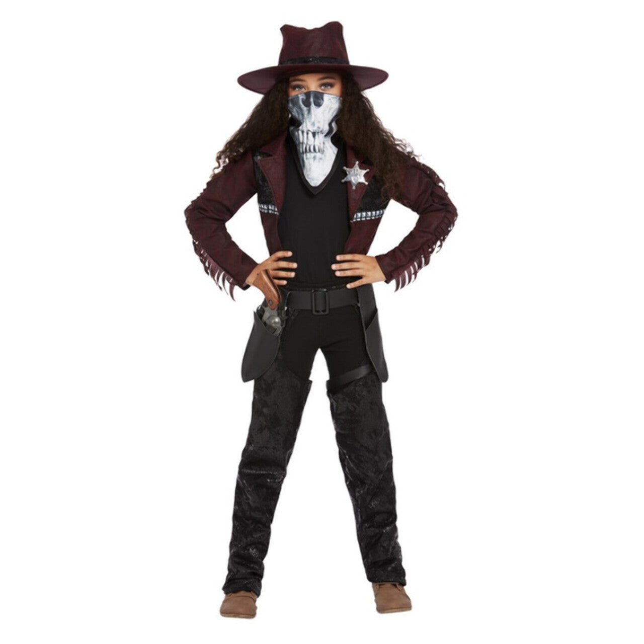 Op deze afbeelding zie je een Kostuums, van het merk Smiffy's. Luxe Cowboy Met Schedelmasker Meisje Kostuum