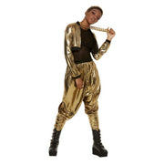 Op deze afbeelding zie je een Kostuums, van het merk Smiffy's. 80s Hammer Time Golden Rapper Vrouw Kostuum