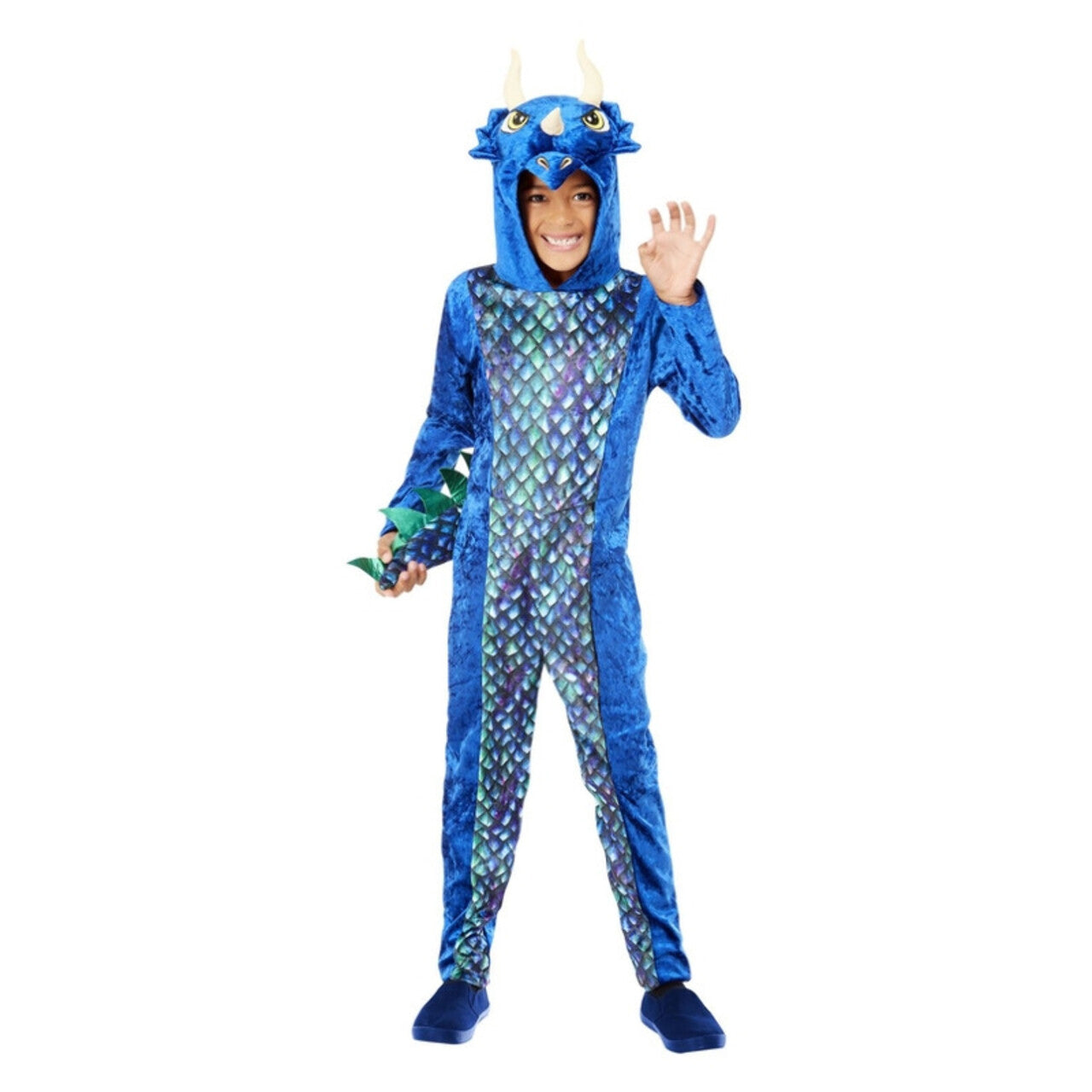 Op deze afbeelding zie je een Kostuums, van het merk Smiffy's. Blauwe Dinosaurus Draak Triceratops Kind Kostuum