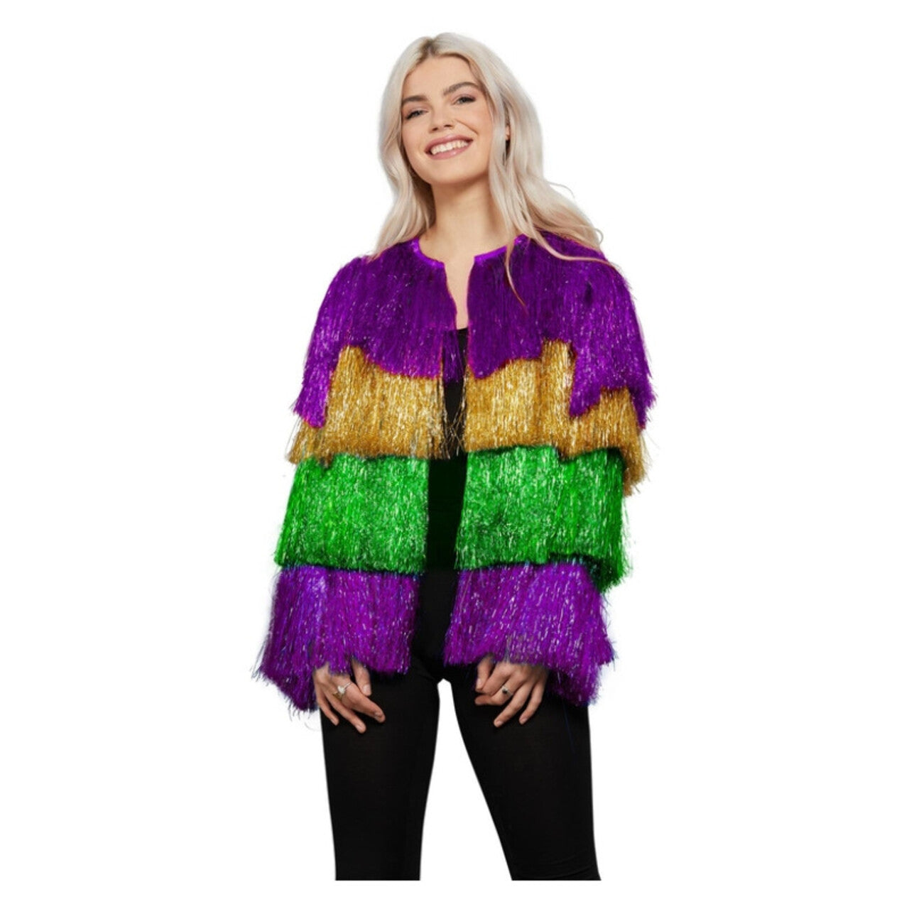 Op deze afbeelding zie je een Kostuums, van het merk Smiffy's. Mardi Gras Flapper Jas Vrouw Kostuum