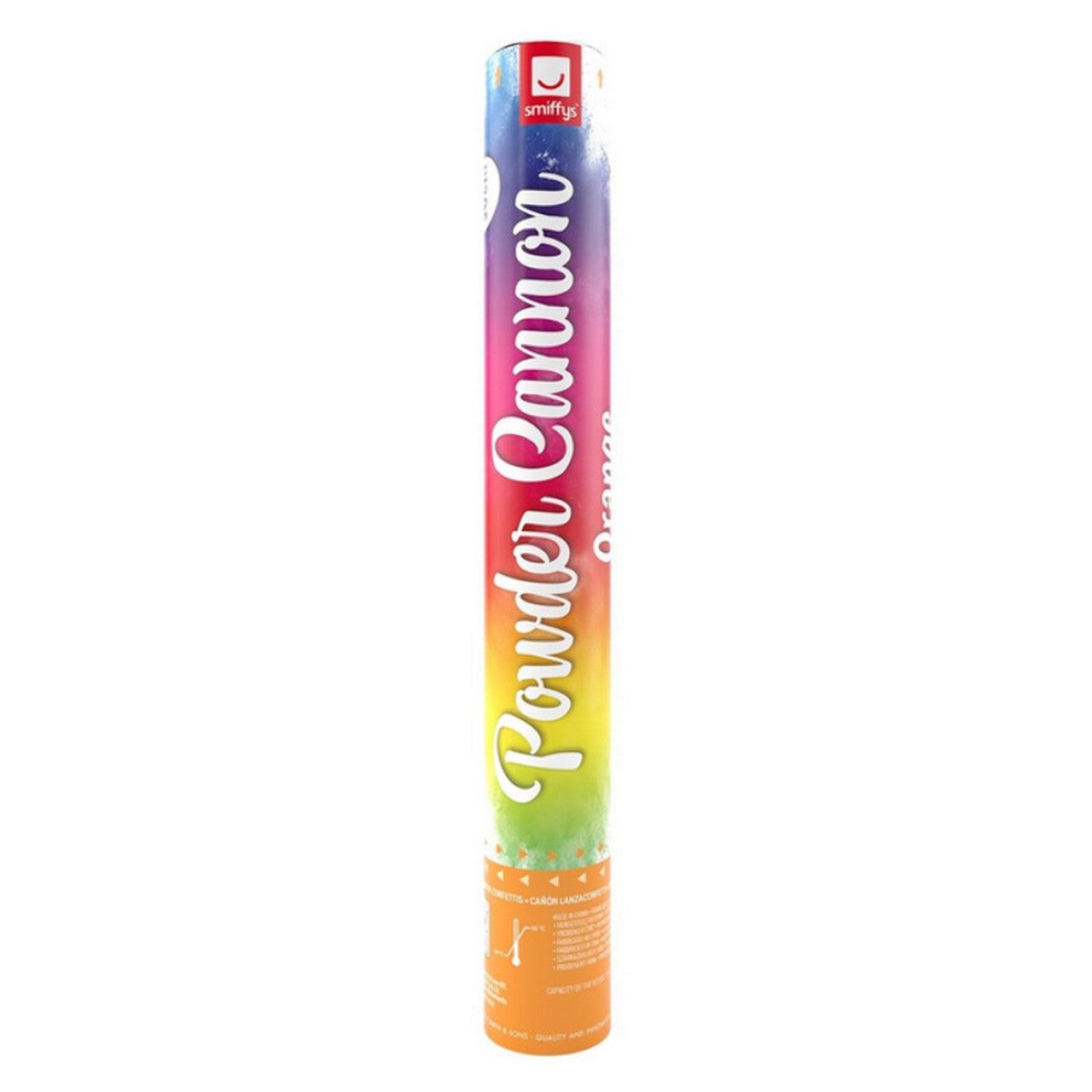 Op deze afbeelding zie je een Decoratie, van het merk Smiffy's. Festival Van Kleuren Poeder Kanon Oranje 30 Centimeter 1 Stuk