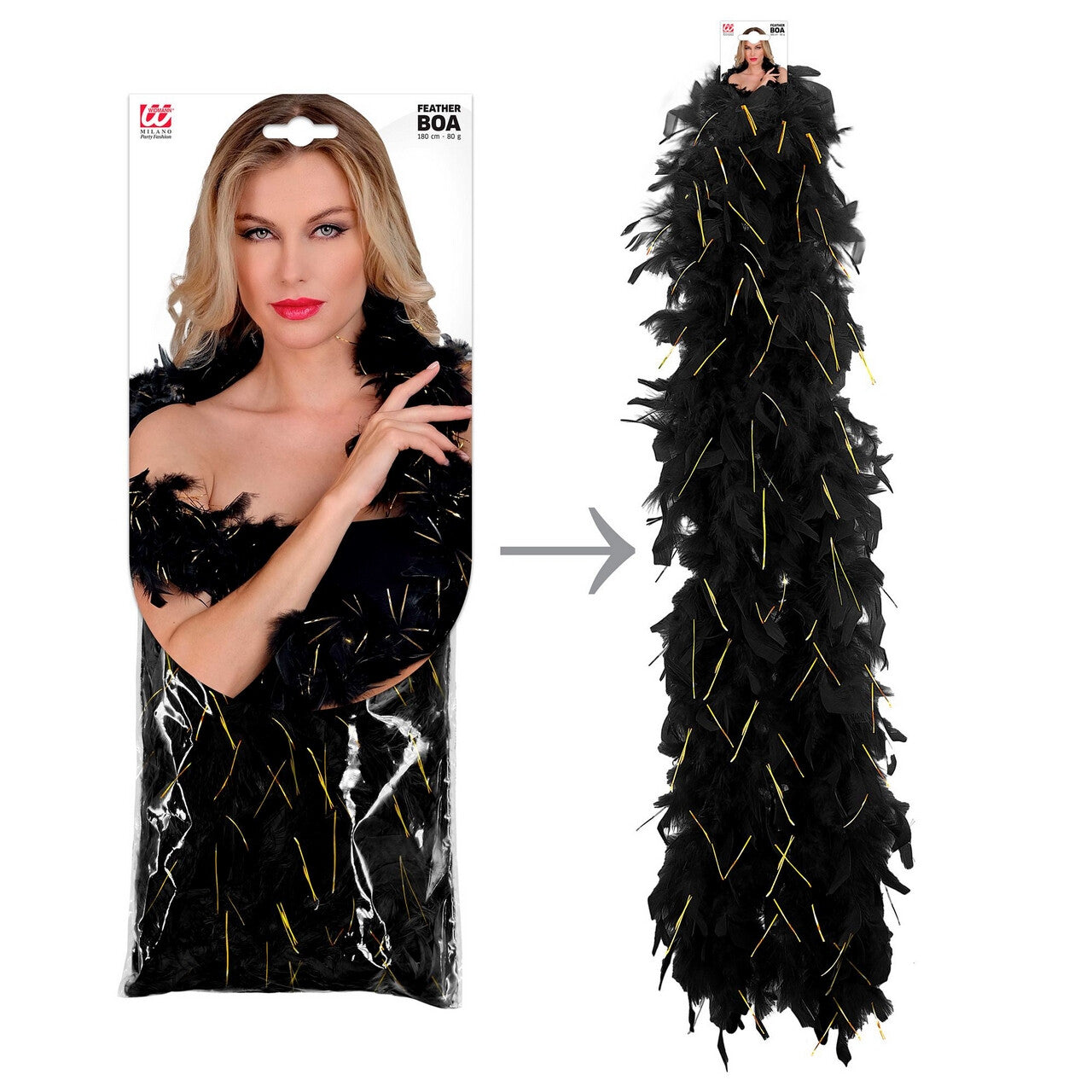 Op deze afbeelding zie je een Accessoires, van het merk Widmann. Boa Zwart Goud 180 Centimeter 50 Gram