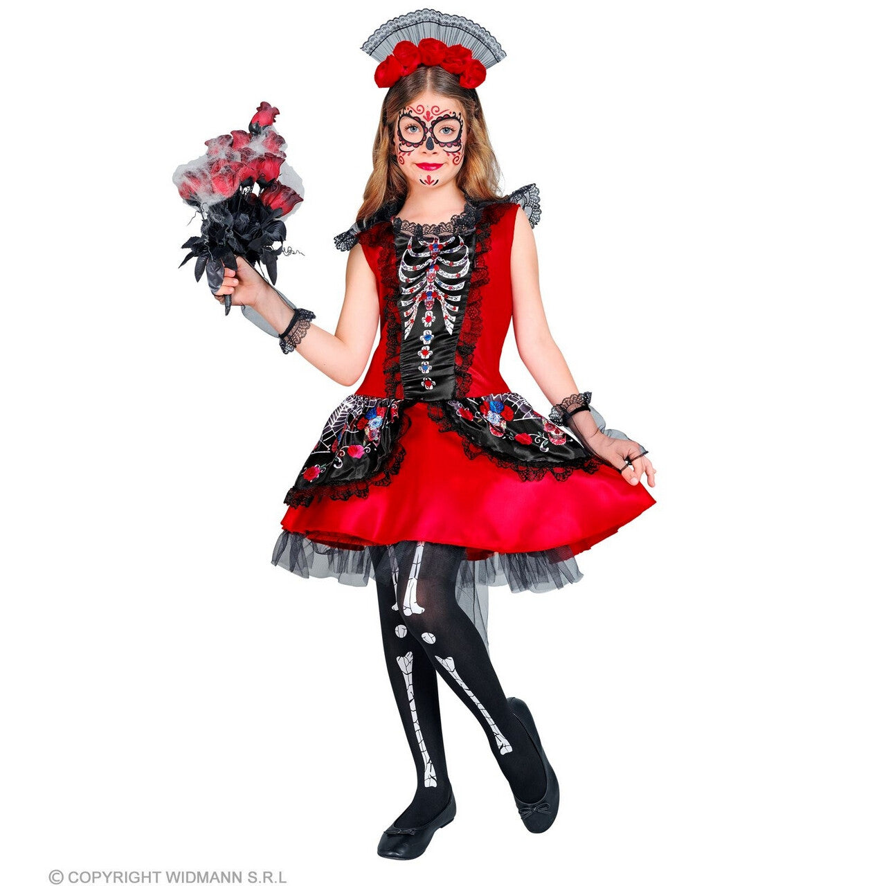 Op deze afbeelding zie je een Kostuums, van het merk Widmann. Feestelijke Rode Day Of The Dead Jurk Meisje