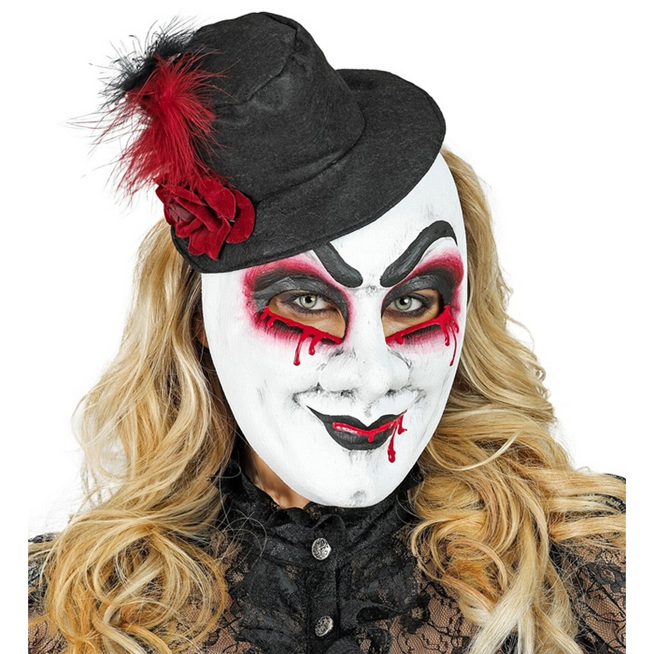 Op deze afbeelding zie je een Accessoires, van het merk Widmann. Masker Bleeding Man Met Hoed
