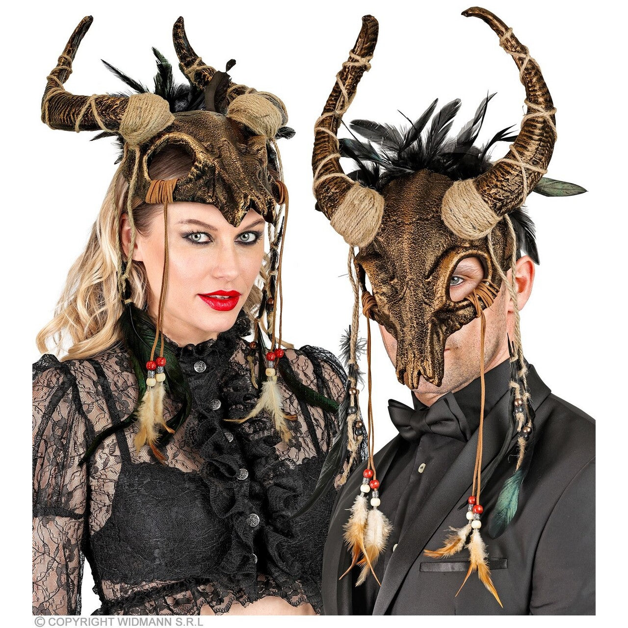 Op deze afbeelding zie je een Accessoires, van het merk Widmann. Masker Shamaan Schedel Stier Met Veren