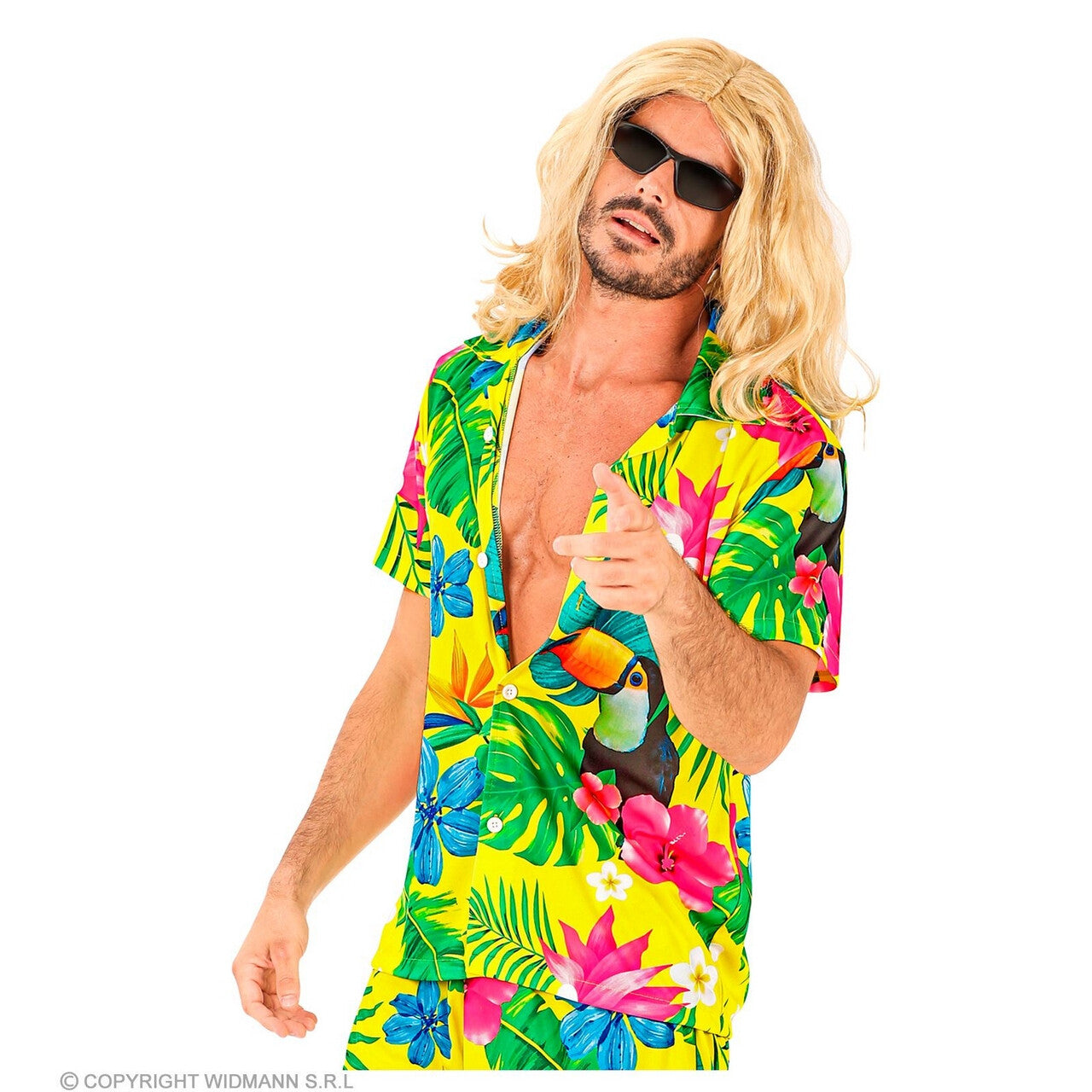 Op deze afbeelding zie je een Kostuums, van het merk Widmann. Tropical Island Beach Flowers Geel Shirt Man
