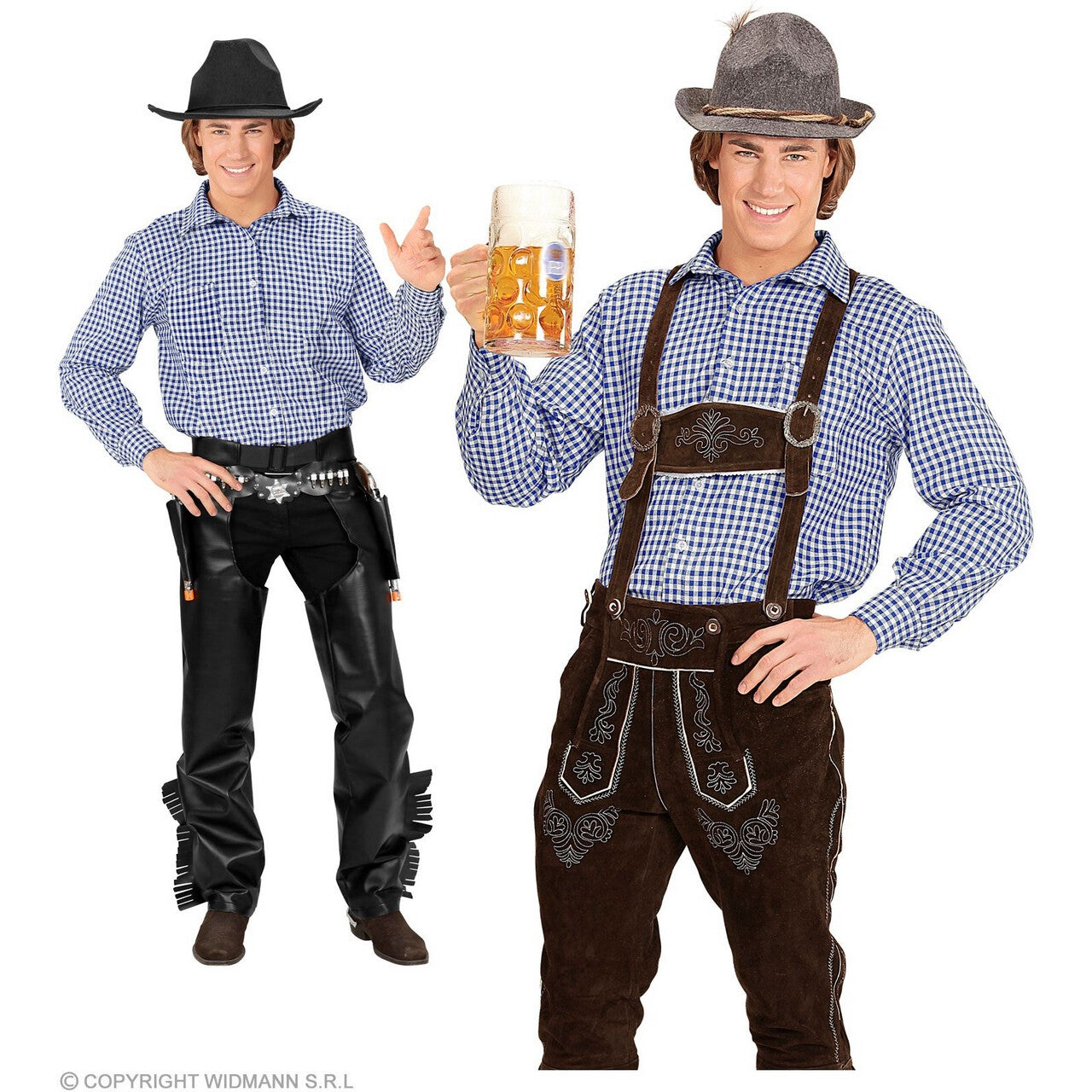 Op deze afbeelding zie je een Kostuums, van het merk Widmann. Blokjesblouse Blauw / Wit Geblokt Man