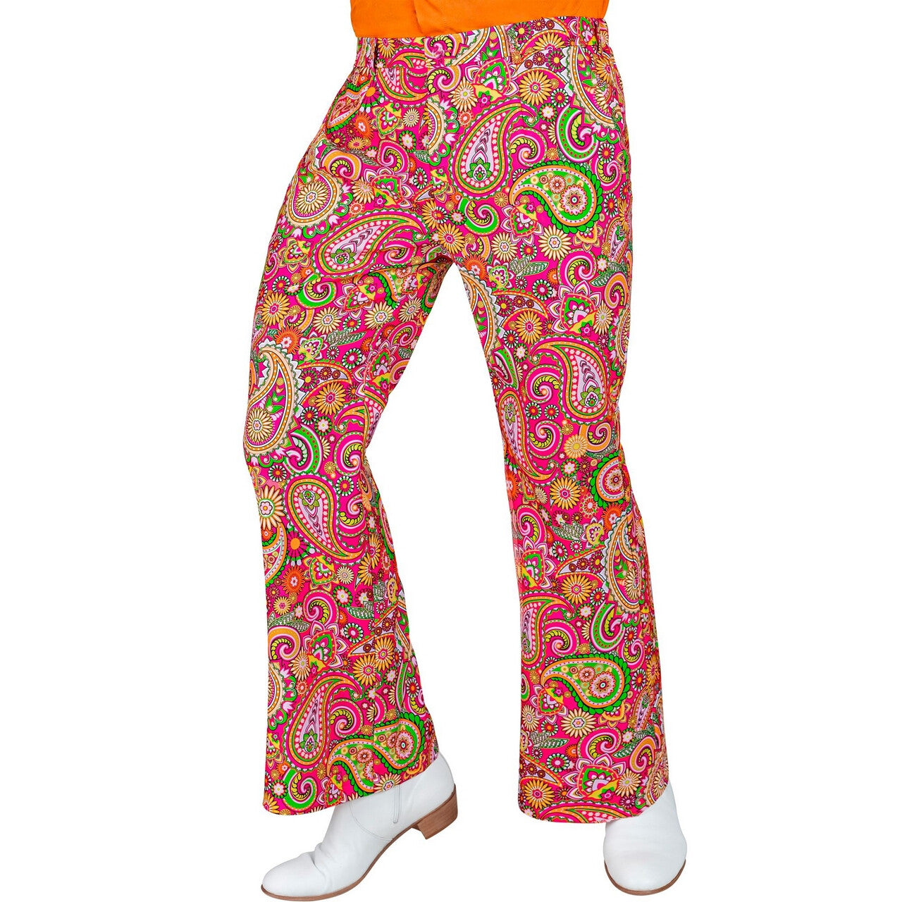 Op deze afbeelding zie je een Kostuums, van het merk Widmann. So Into The 60s Patrick Paisley Wijde Pijpen Broek Man