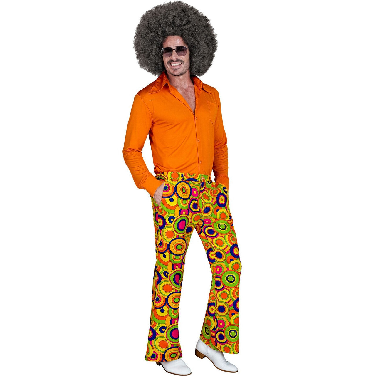 Op deze afbeelding zie je een Kostuums, van het merk Widmann. Love The 70s Longplay Circles Wijde Pijpen Broek Man