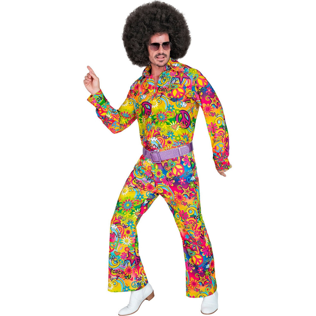 Op deze afbeelding zie je een Kostuums, van het merk Widmann. Super 60s Peace And Love Wijde Pijpen Broek Man