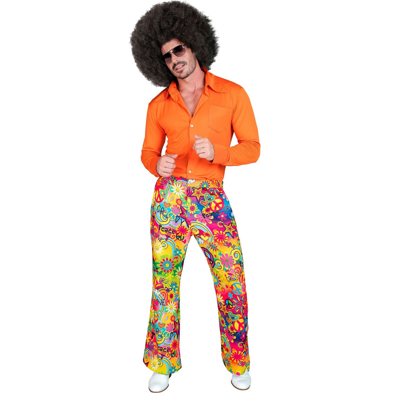 Op deze afbeelding zie je een Kostuums, van het merk Widmann. Super 60s Peace And Love Wijde Pijpen Broek Man