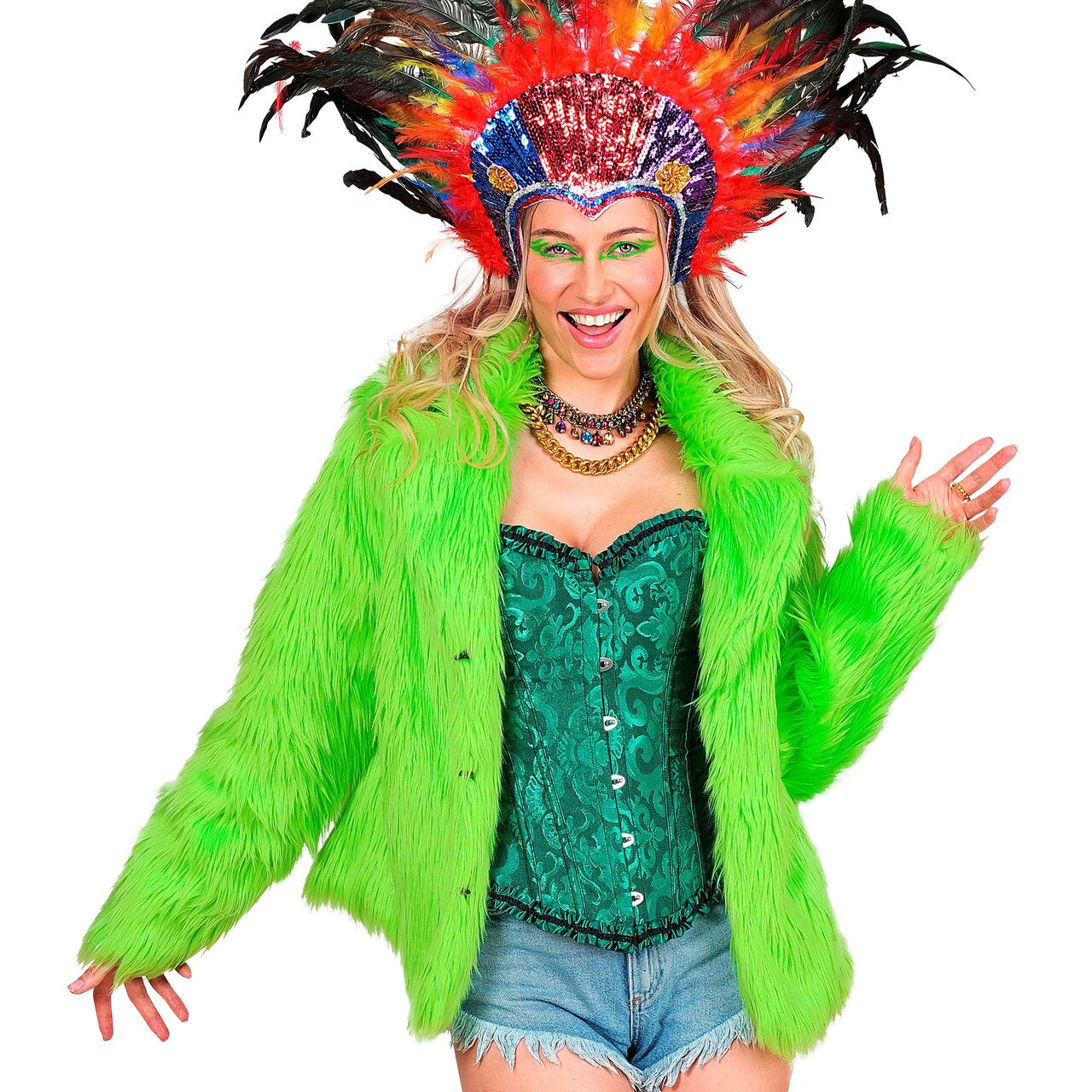 Op deze afbeelding zie je een Kostuums, van het merk Widmann. Neon Groene Bontjas Kikkergroen Vrouw