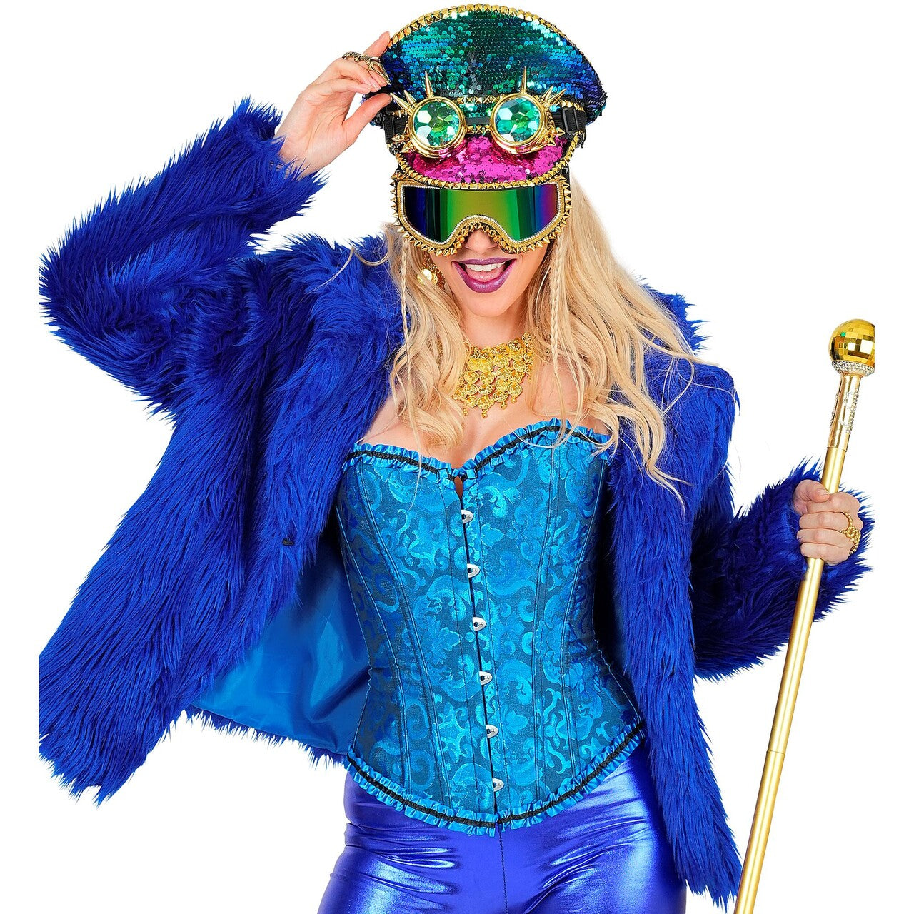 Op deze afbeelding zie je een Kostuums, van het merk Widmann. Kobalt Blauwe Bontjas Vrouw