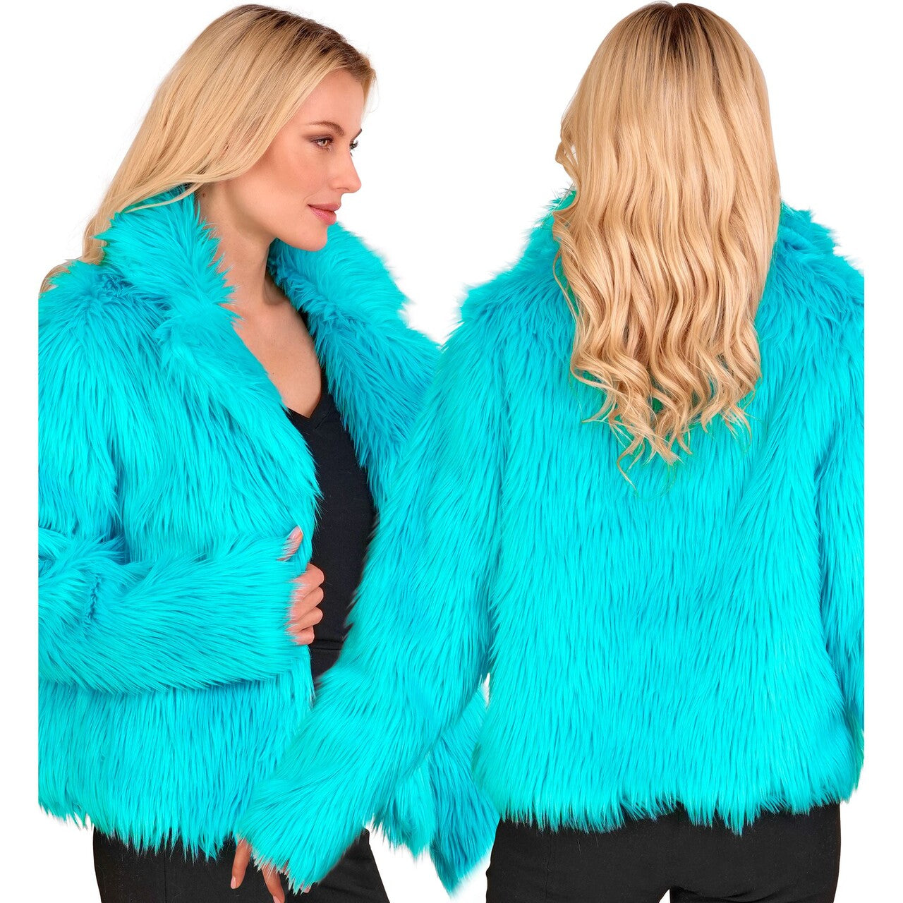 Op deze afbeelding zie je een Kostuums, van het merk Widmann. Lichtblauwe Bontjas Turquoise Vrouw