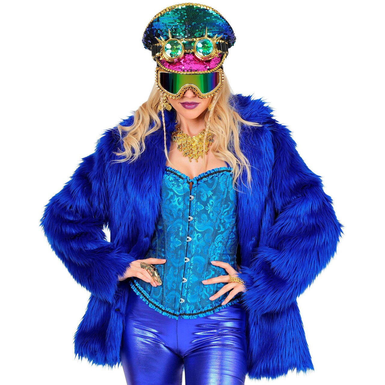 Op deze afbeelding zie je een Kostuums, van het merk Widmann. Blauwe Bontjas Furry Blue