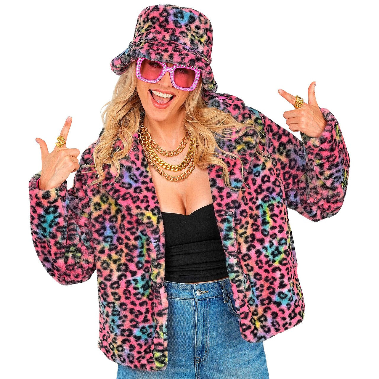 Op deze afbeelding zie je een Kostuums, van het merk Widmann. Luipaard Bontjas Happy Colours Vrouw