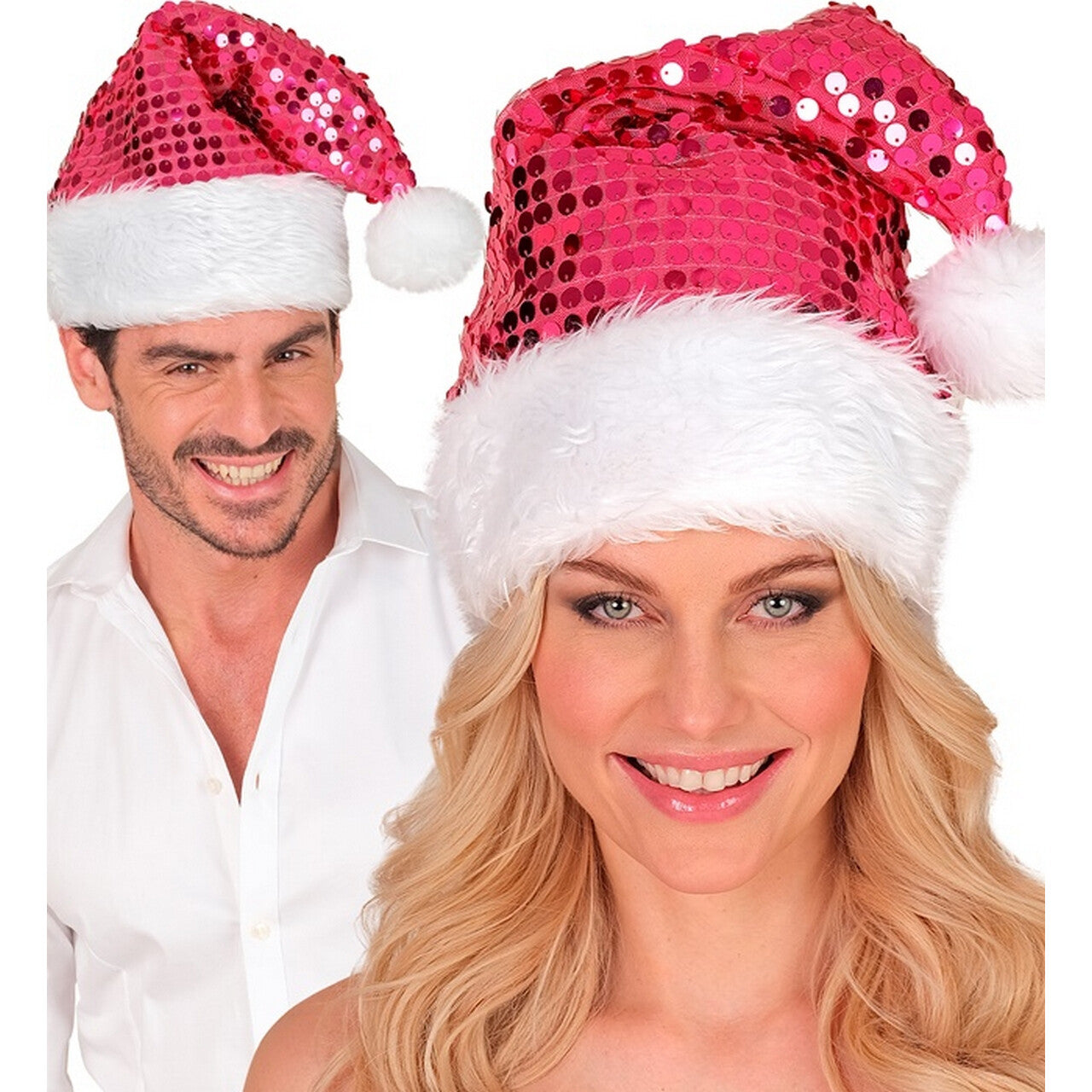 Op deze afbeelding zie je een Accessoires, van het merk Widmann. Glitter Bling Kerst Muts Met Pailletten Roze