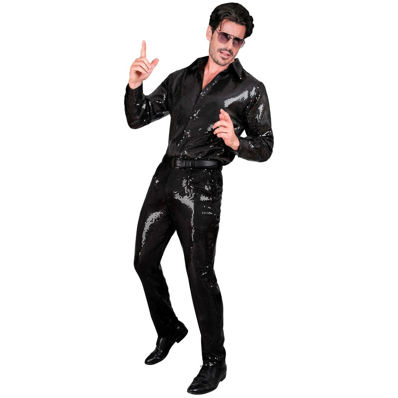 Op deze afbeelding zie je een Kostuums, van het merk Widmann. Shiney Pailletten Broek Zwart Man