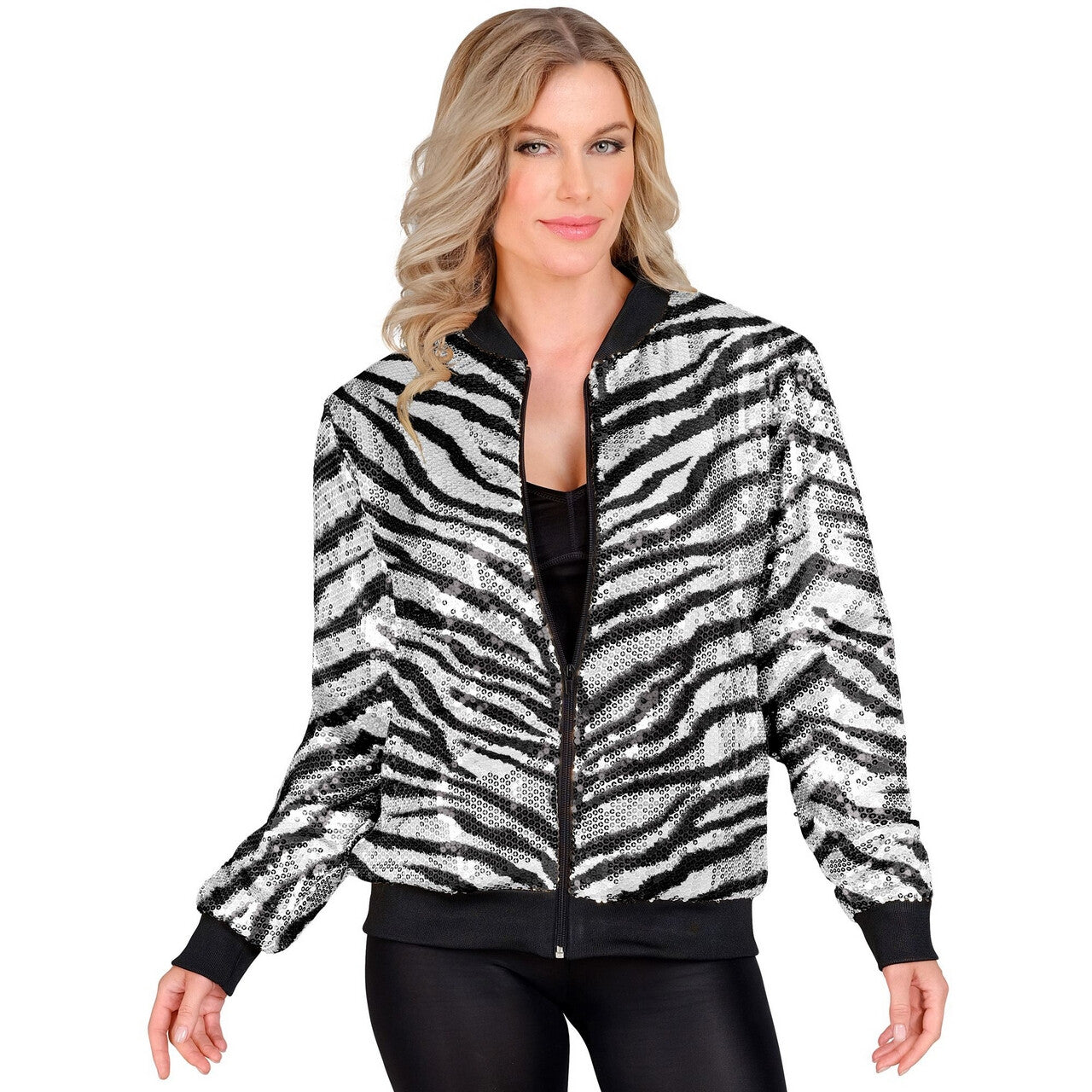 Op deze afbeelding zie je een Kostuums, van het merk Widmann. Bomberjack Shiney Stripes Zebra Pailletten Jas