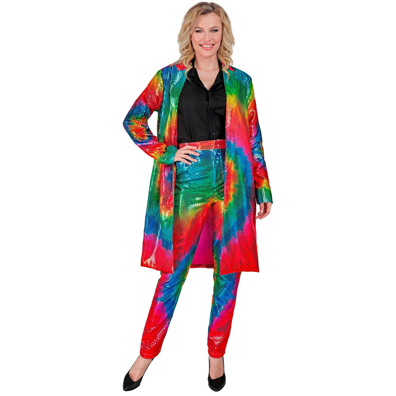 Op deze afbeelding zie je een Kostuums, van het merk Widmann. Pailletten Jas Hippie Tie Dye