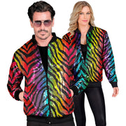 Op deze afbeelding zie je een Kostuums, van het merk Widmann. Bomberjack Rainbow Tiger Pailletten Jas