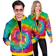 Op deze afbeelding zie je een Kostuums, van het merk Widmann. Bomberjack Hippie Tie Dye Pailletten Jas