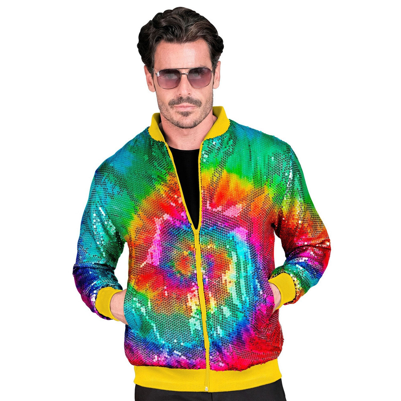 Op deze afbeelding zie je een Kostuums, van het merk Widmann. Bomberjack Hippie Tie Dye Pailletten Jas