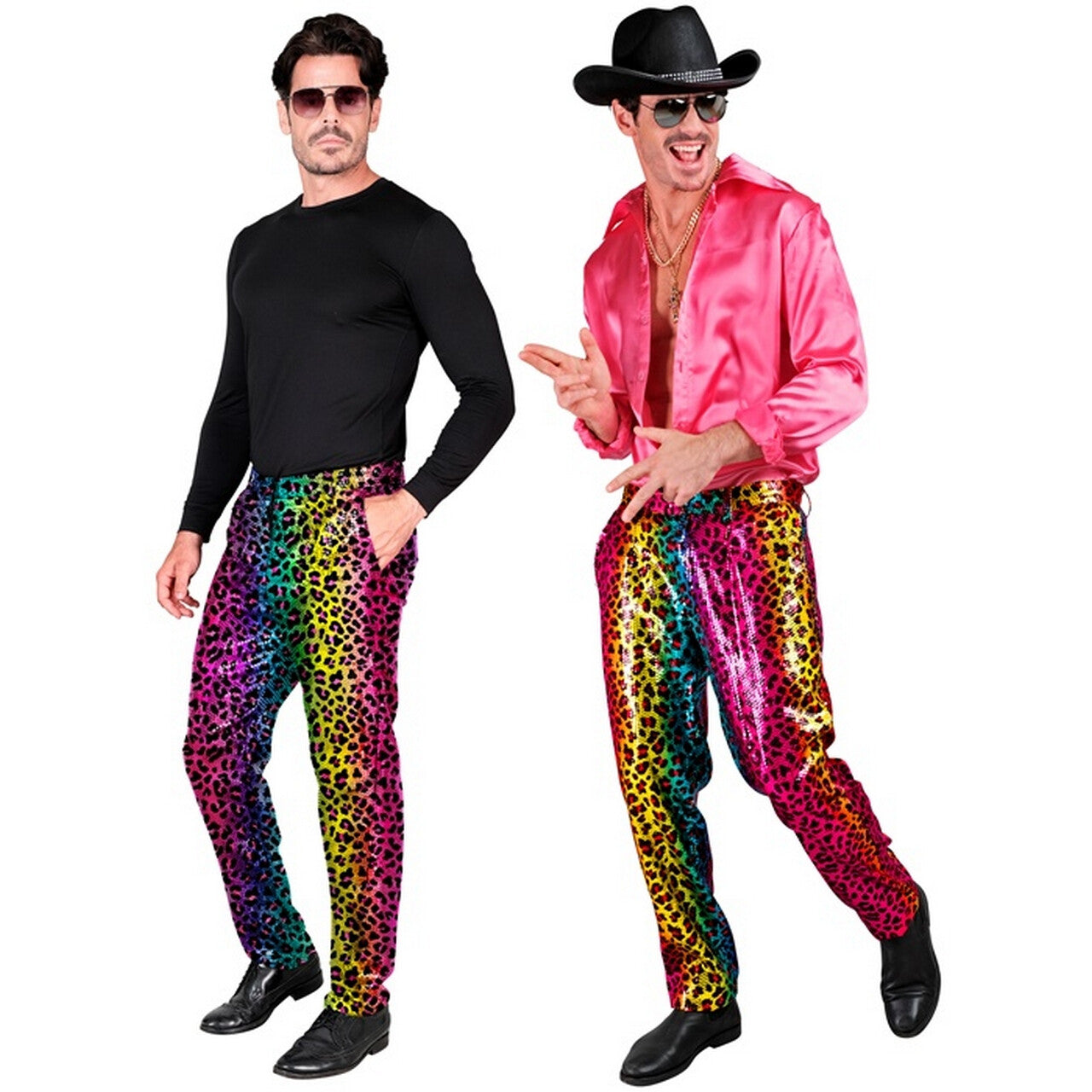 Op deze afbeelding zie je een Kostuums, van het merk Widmann. Super Foute Regenboog Luipaardprint Broek Man