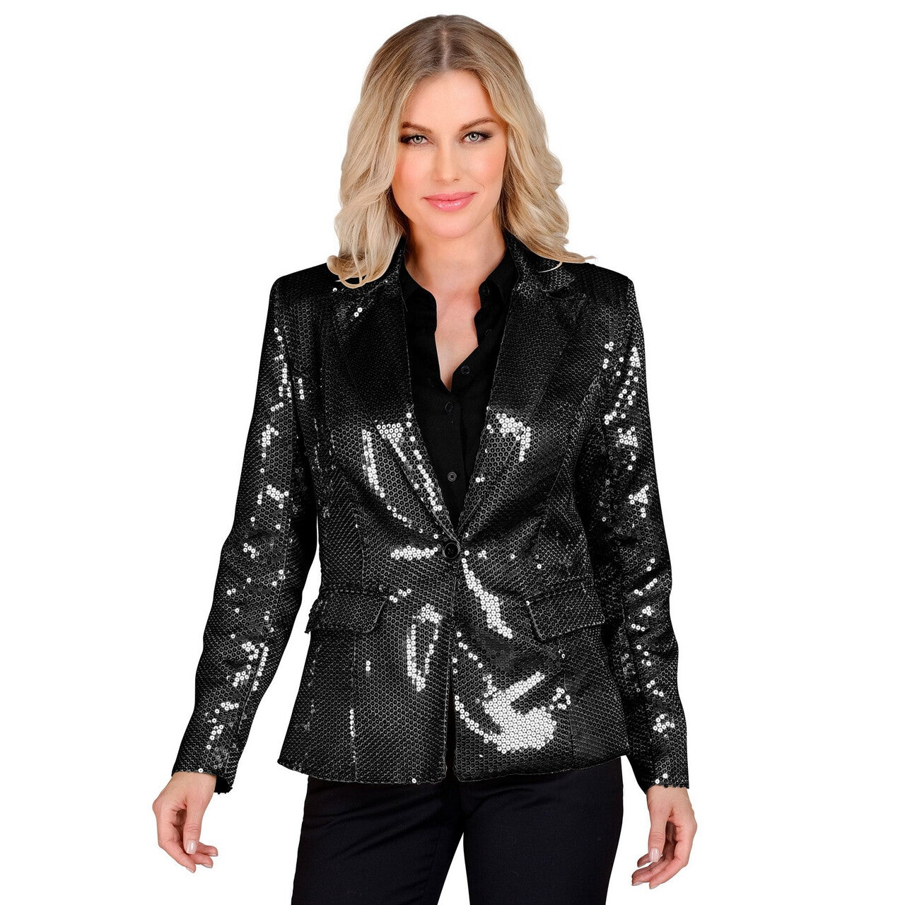 Op deze afbeelding zie je een Kostuums, van het merk Widmann. Pailletten Blazer Zwart Showgirl Patty Bling Vrouw