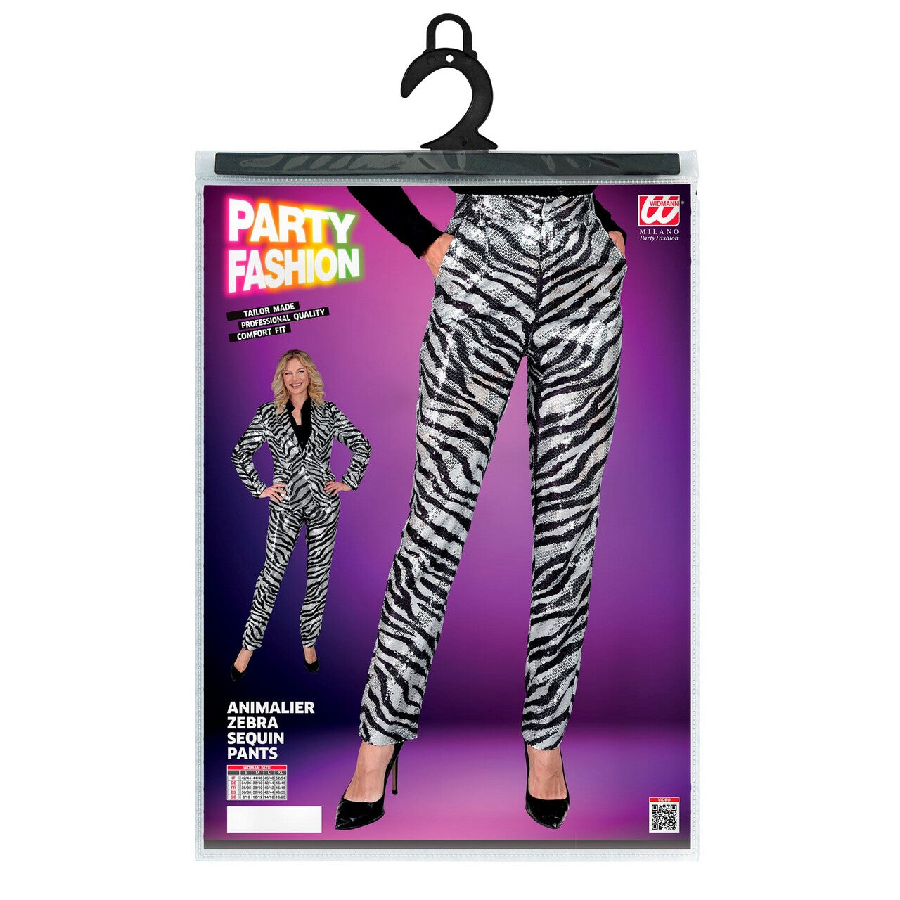 Op deze afbeelding zie je een Kostuums, van het merk Widmann. Pailletten Broek Zilver Zwart Zebra Strepen Vrouw