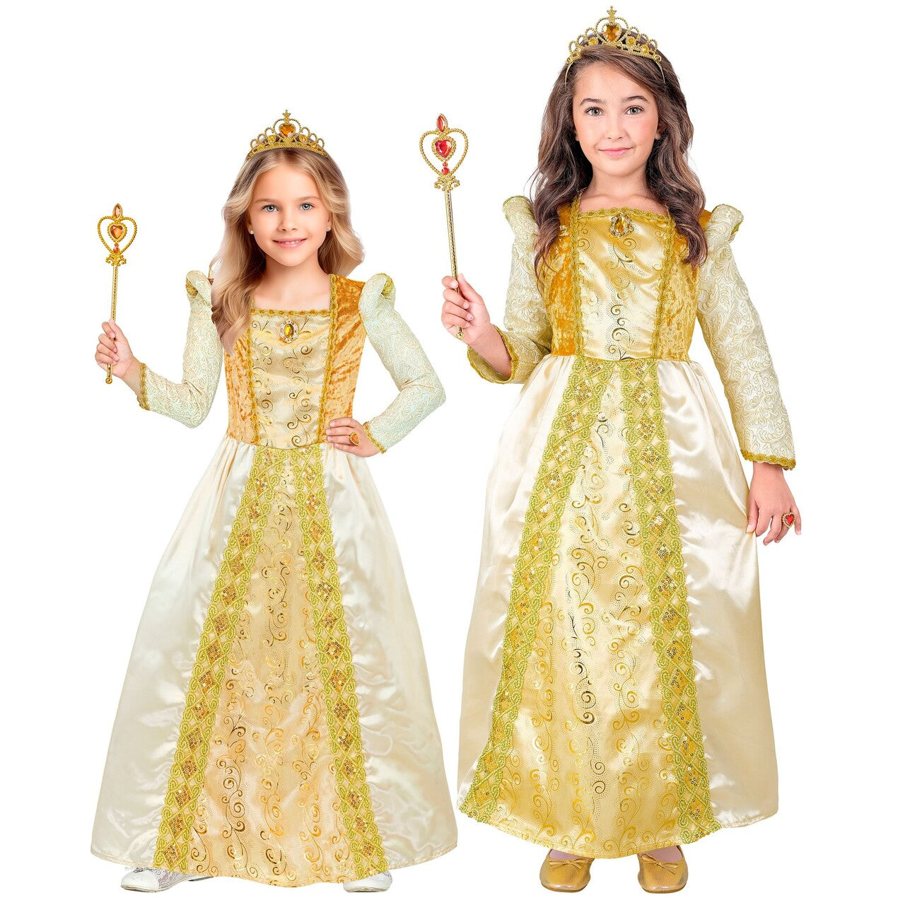 Op deze afbeelding zie je een Kostuums, van het merk Widmann. Wonderschone Prinses Goldy Meisje Kostuum