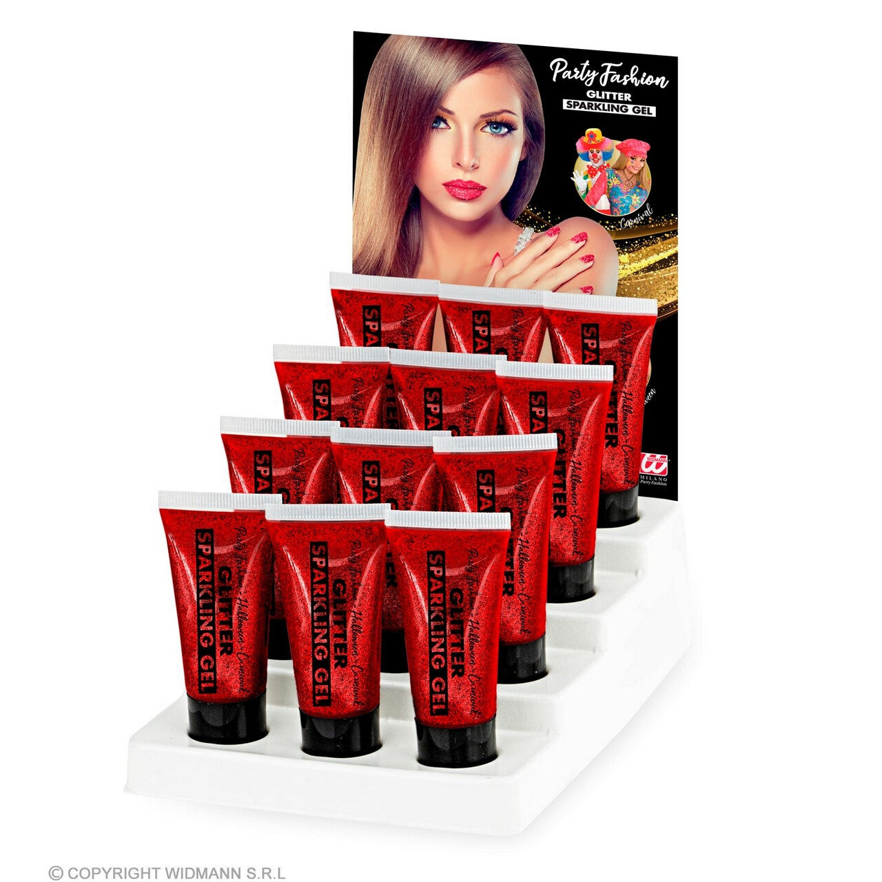 Op deze afbeelding zie je een Accessoires, van het merk Widmann. Sparkling Make-Up Gel Glitters Rood, 25 Milliliter