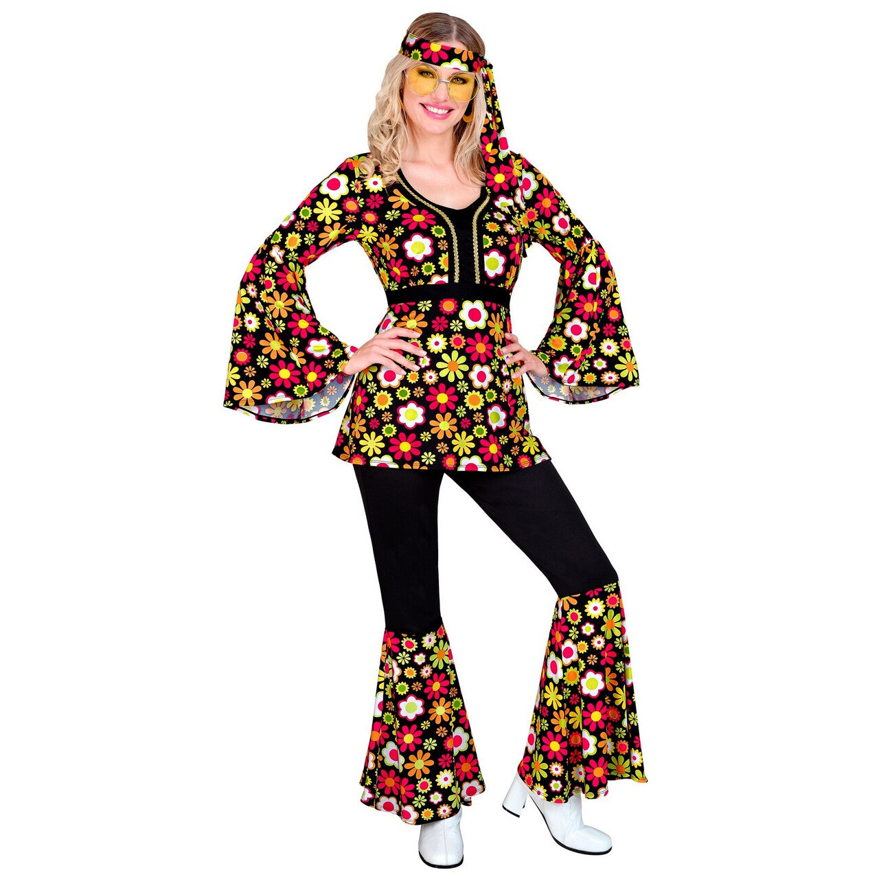 Op deze afbeelding zie je een Kostuums, van het merk Widmann. Bloemen Hippie Jaren 60 Style Vrouw Kostuum
