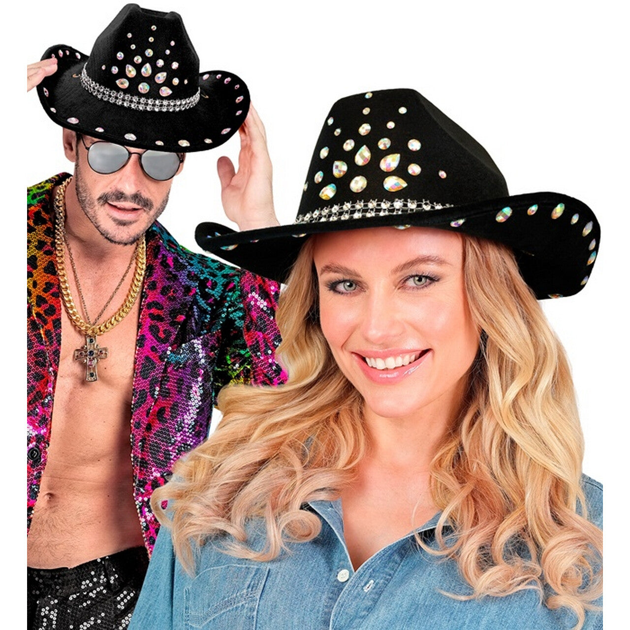 Op deze afbeelding zie je een Accessoires, van het merk Widmann. Cowboy Hoed Texas Zwart Met Diamanten