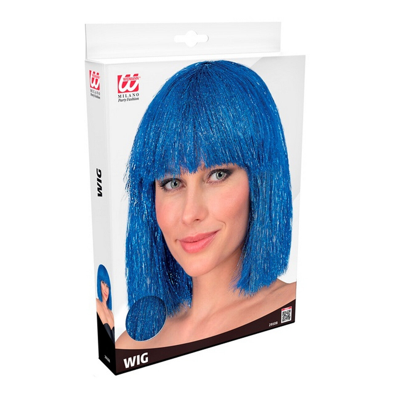 Op deze afbeelding zie je een Accessoires, van het merk Widmann. Blitse Blauwe Disco Pruik Lange Bob