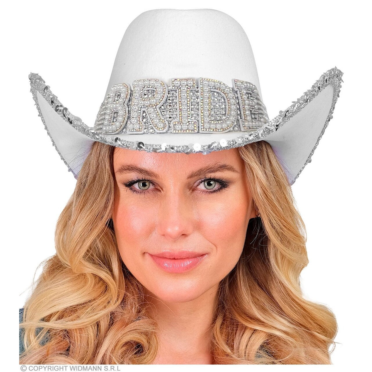 Op deze afbeelding zie je een Accessoires, van het merk Widmann. Cowboyhoed Wit Bride Met Pailletten