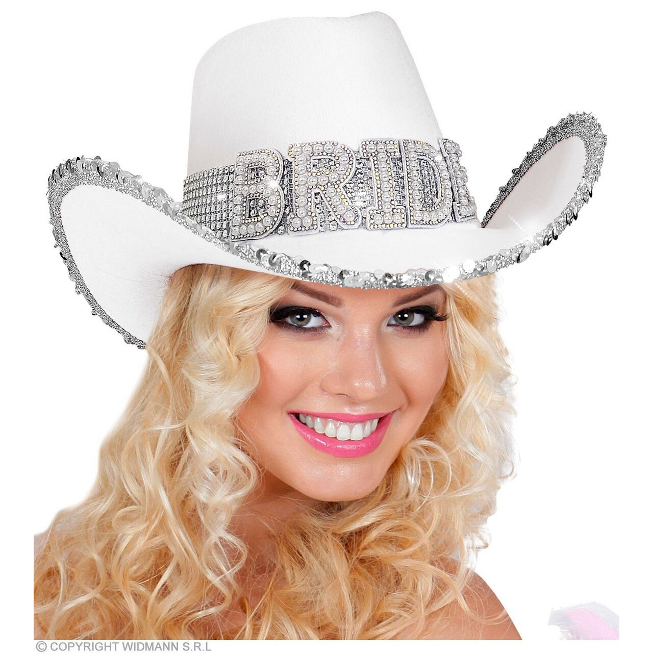 Op deze afbeelding zie je een Accessoires, van het merk Widmann. Cowboyhoed Wit Bride Met Pailletten