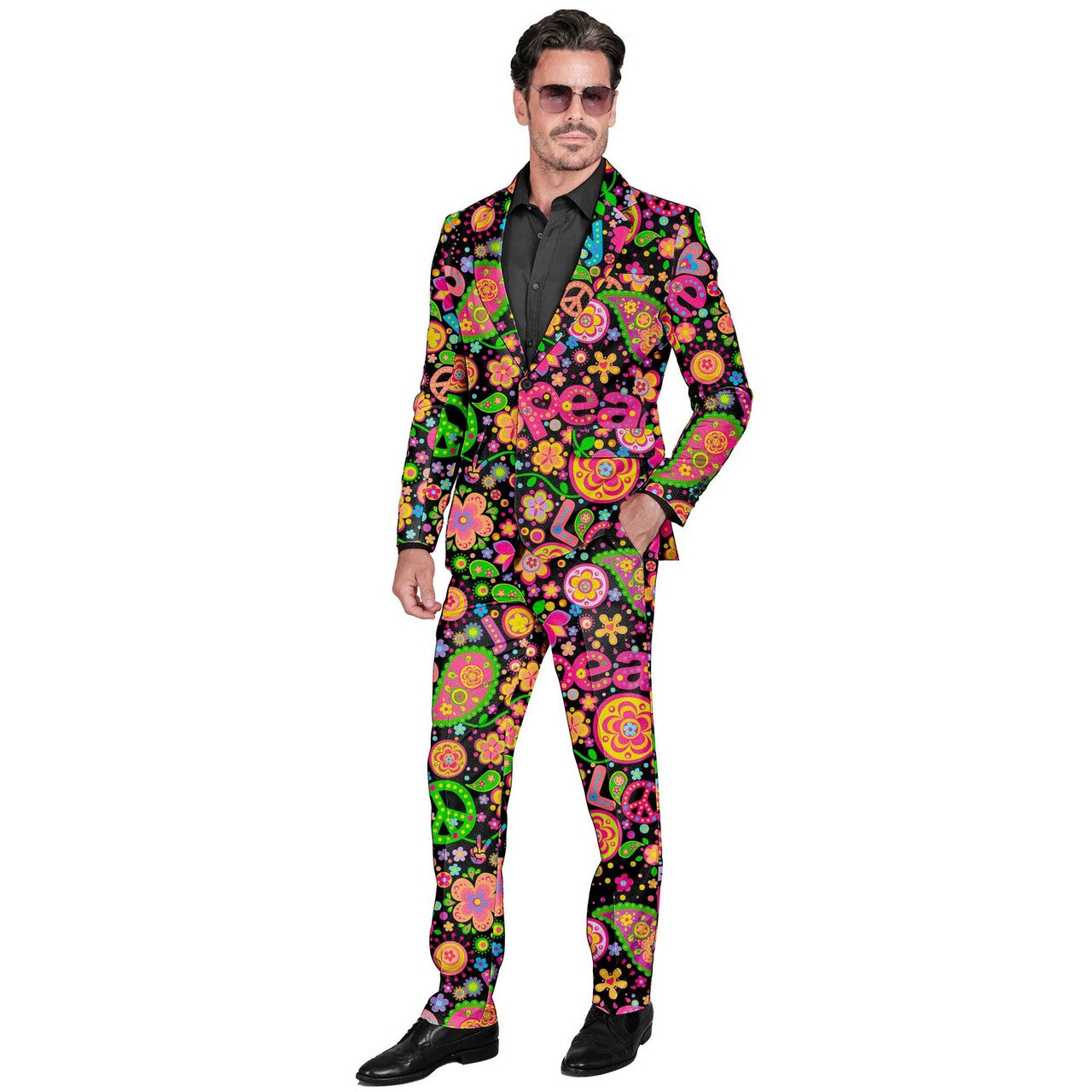 Op deze afbeelding zie je een Kostuums, van het merk Widmann. Neon Peace Power Man Kostuum
