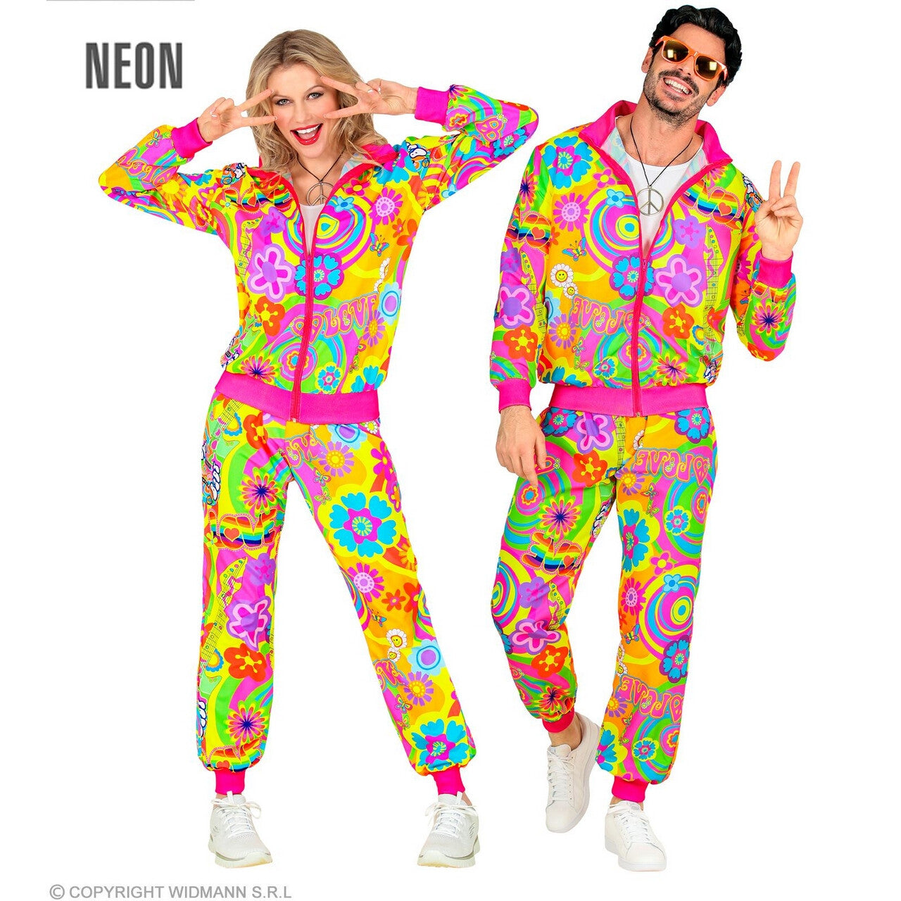 Op deze afbeelding zie je een Kostuums, van het merk Widmann. Neon Groovy Love Trainingspak Kostuum