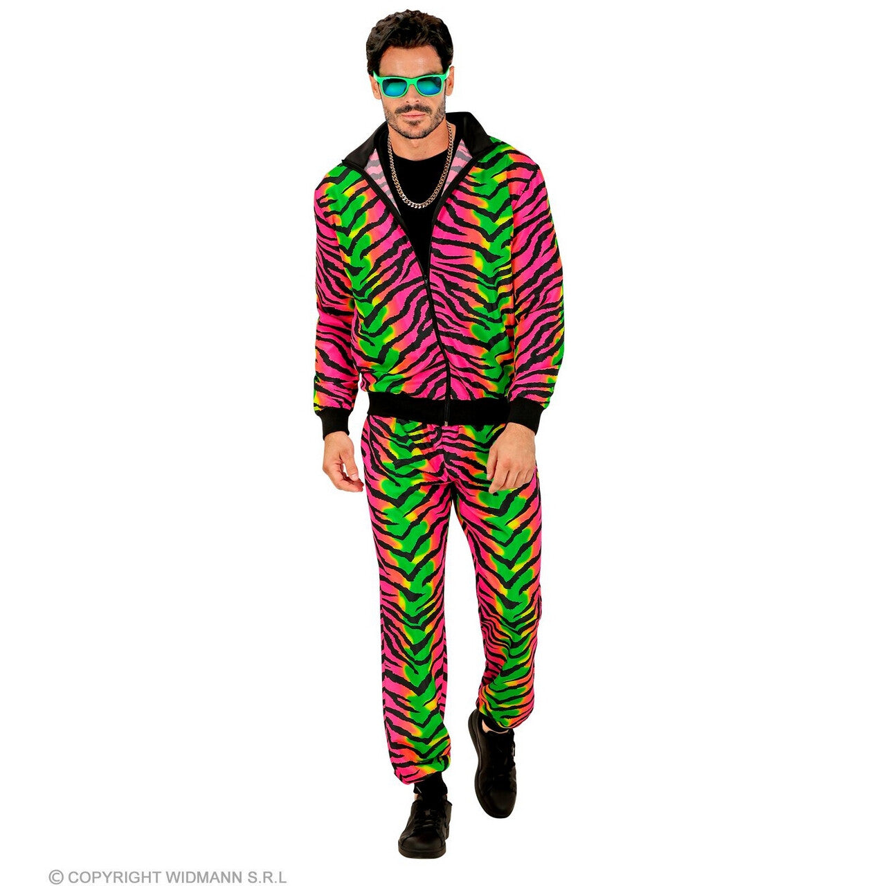 Op deze afbeelding zie je een Kostuums, van het merk Widmann. Neon Raving Tiger Trainingspak Kostuum
