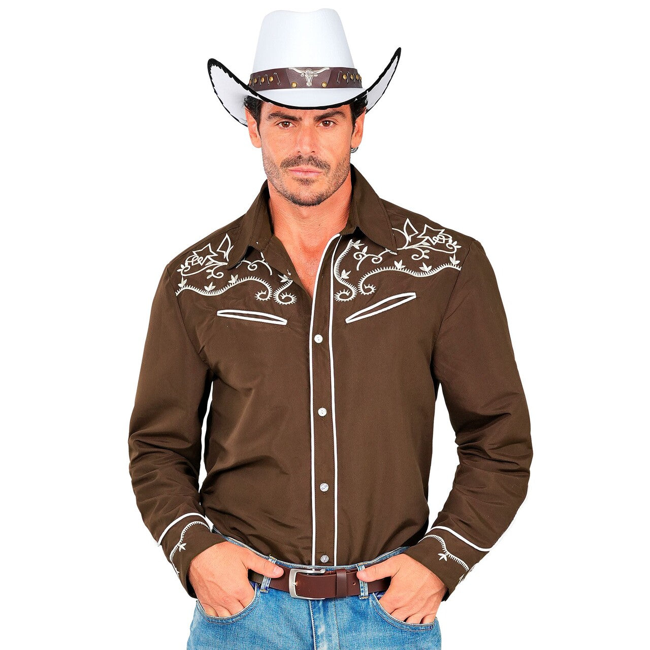 Op deze afbeelding zie je een Kostuums, van het merk Widmann. Western Cowboy Overhemd Bruin Man