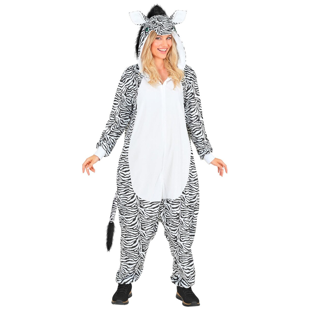 Op deze afbeelding zie je een Kostuums, van het merk Widmann. Comofort Zebra Onesie Kostuum