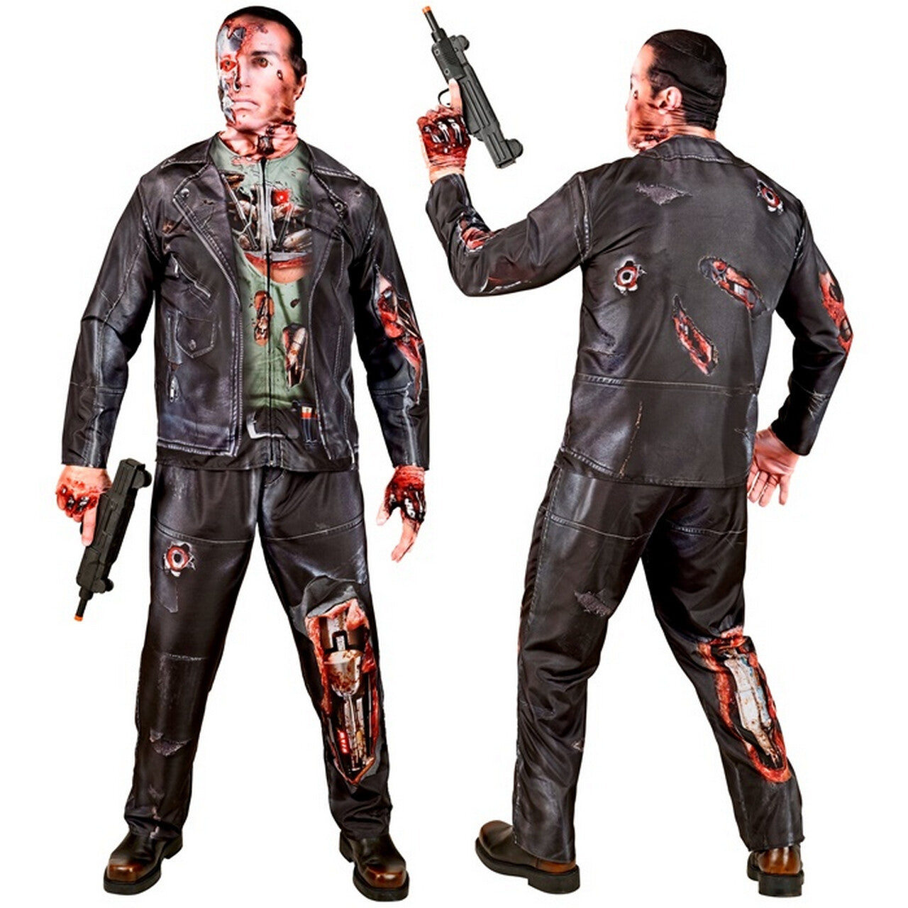 Op deze afbeelding zie je een Kostuums, van het merk Widmann. Gehavende Cyborg Half Mens Half Robot Man Kostuum