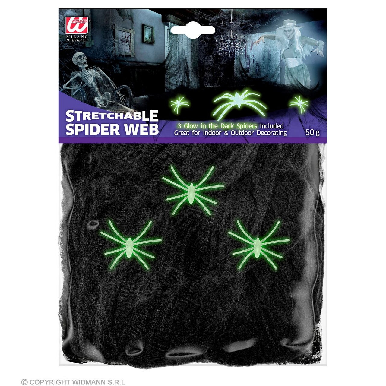 Op deze afbeelding zie je een Decoratie, van het merk Widmann. Spinnenweb Met 3 Glow In Te Dark Spinnen 50 Gram