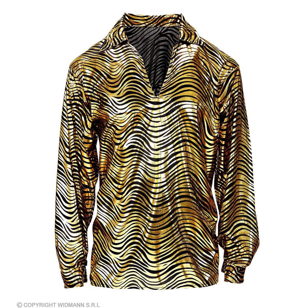 Op deze afbeelding zie je een Kostuums, van het merk Widmann. Exotische Joe Disco Shirt Goud Man