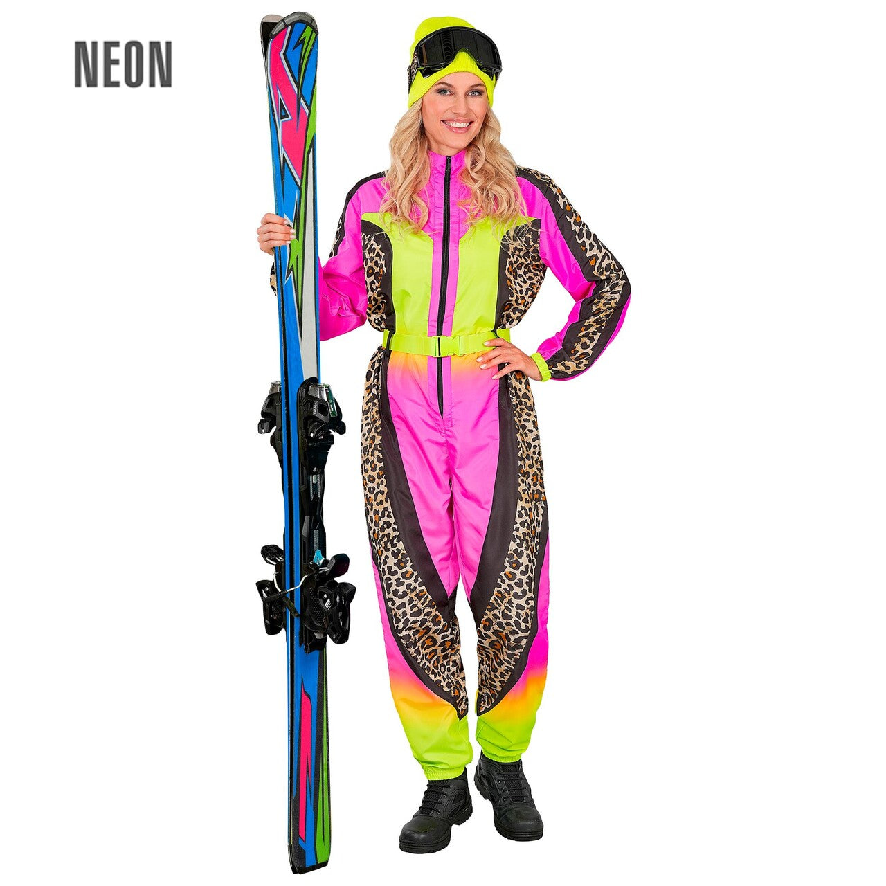Op deze afbeelding zie je een Kostuums, van het merk Widmann. 90s Fout Ski Pak Roze Panterprint Vrouw