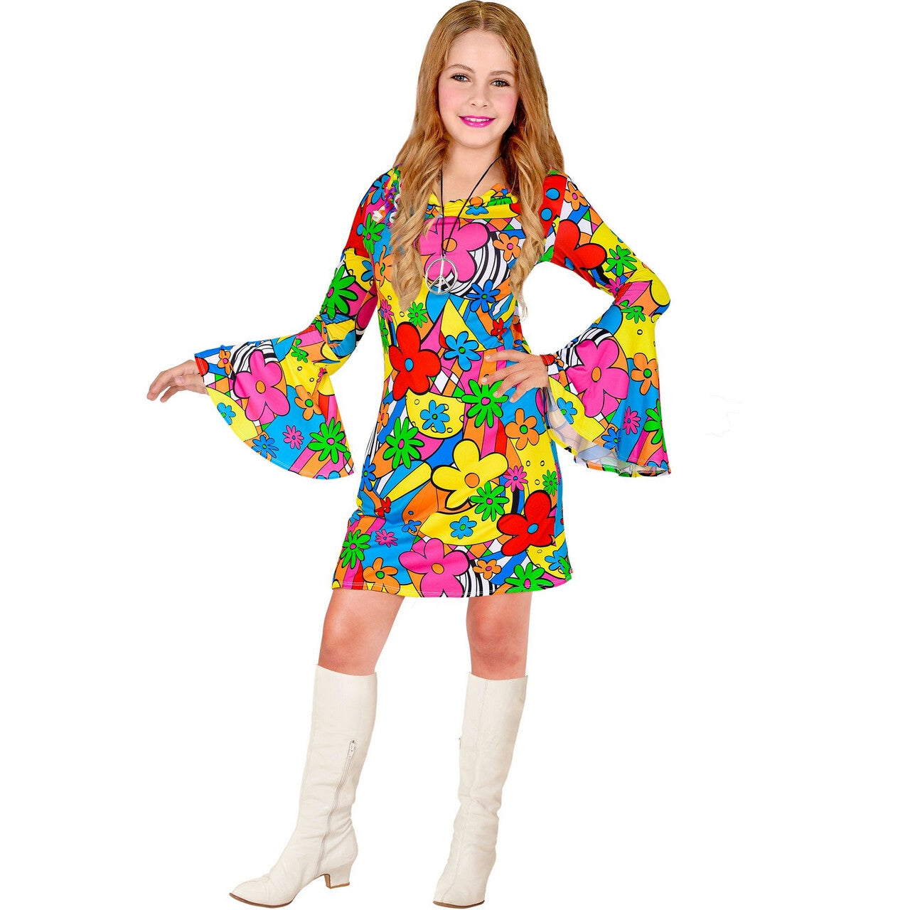 Op deze afbeelding zie je een Kostuums, van het merk Widmann. Fleurige En Enorm Kleurige Hippie Jurk Meisje